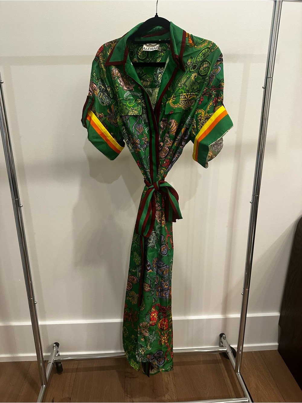 Alemais Green Printed Tie-Waist Maxi Shirt Dress with Multicolor Trim